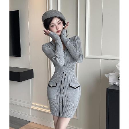 FA45859# 小个子高级灰色针织连衣裙秋冬法式气质收腰显瘦修身毛衣裙女 服裝批發女裝批發服飾貨源
