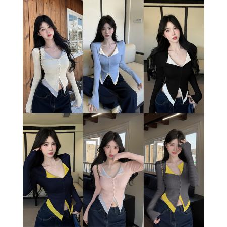 FA45862# 新款好好看撞色拼接假两件糖果色百搭长袖针织上衣女 服裝批發女裝批發服飾貨源