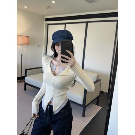 FA45862# 新款好好看撞色拼接假两件糖果色百搭长袖针织上衣女 服裝批發女裝批發服飾貨源