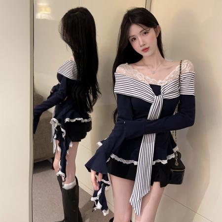 FA45863# 韩系气质蕾丝拼接绑带长袖T恤设计感不规则独特别致上衣 服裝批發女裝批發服飾貨源