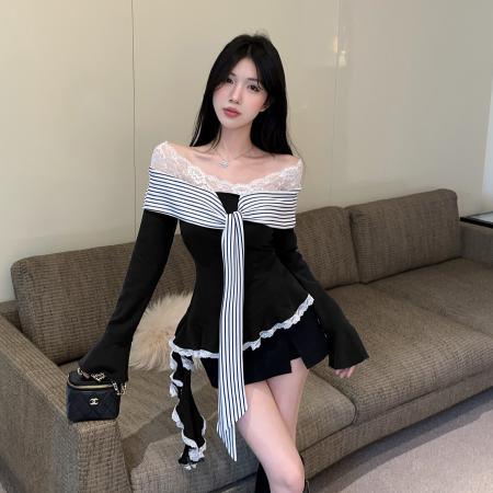 FA45863# 韩系气质蕾丝拼接绑带长袖T恤设计感不规则独特别致上衣 服裝批發女裝批發服飾貨源