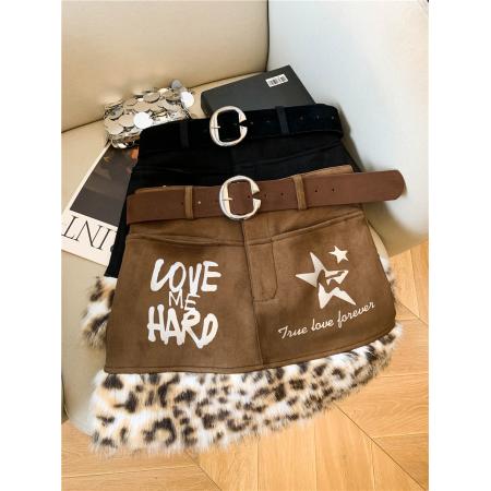 FA45867# 美式辣妹豹纹毛毛拼接低腰半身裙女秋冬千禧风包臀裙女 服裝批發女裝批發服飾貨源