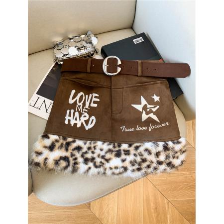 FA45867# 美式辣妹豹纹毛毛拼接低腰半身裙女秋冬千禧风包臀裙女 服裝批發女裝批發服飾貨源