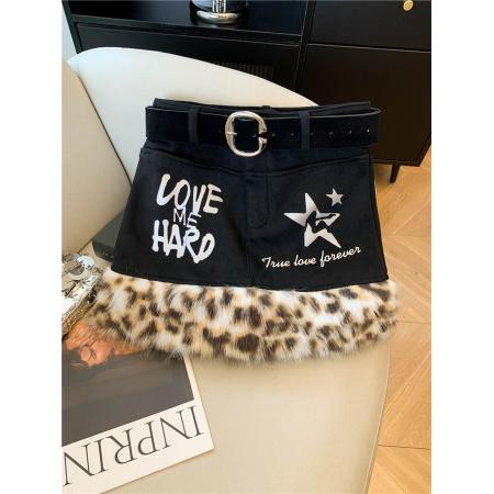 FA45867# 美式辣妹豹纹毛毛拼接低腰半身裙女秋冬千禧风包臀裙女 服裝批發女裝批發服飾貨源