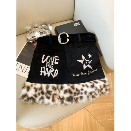 FA45867# 美式辣妹豹纹毛毛拼接低腰半身裙女秋冬千禧风包臀裙女 服裝批發女裝批發服飾貨源