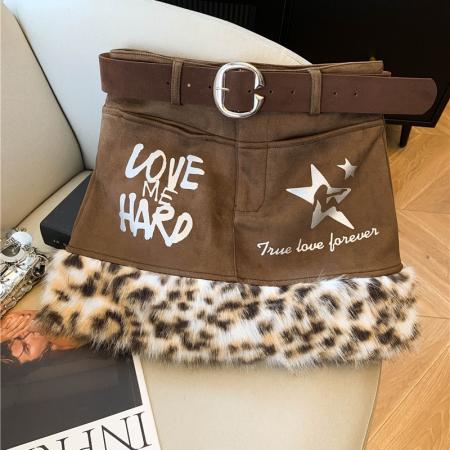 FA45867# 美式辣妹豹纹毛毛拼接低腰半身裙女秋冬千禧风包臀裙女 服裝批發女裝批發服飾貨源