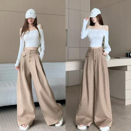 FA45868# 高级感时尚毛呢阔腿裤女秋冬新款高腰宽松显瘦百搭休闲拖地裤 服裝批發女裝批發服飾貨源