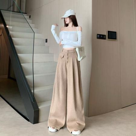 FA45868# 高级感时尚毛呢阔腿裤女秋冬新款高腰宽松显瘦百搭休闲拖地裤 服裝批發女裝批發服飾貨源