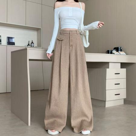 FA45868# 高级感时尚毛呢阔腿裤女秋冬新款高腰宽松显瘦百搭休闲拖地裤 服裝批發女裝批發服飾貨源