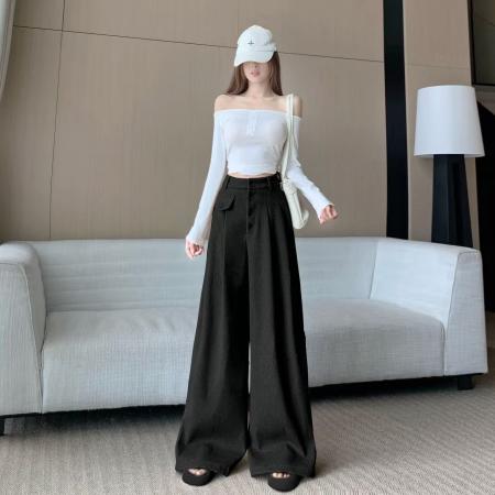 FA45868# 高级感时尚毛呢阔腿裤女秋冬新款高腰宽松显瘦百搭休闲拖地裤 服裝批發女裝批發服飾貨源