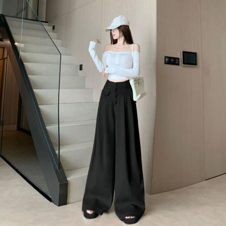 FA45868# 高级感时尚毛呢阔腿裤女秋冬新款高腰宽松显瘦百搭休闲拖地裤 服裝批發女裝批發服飾貨源