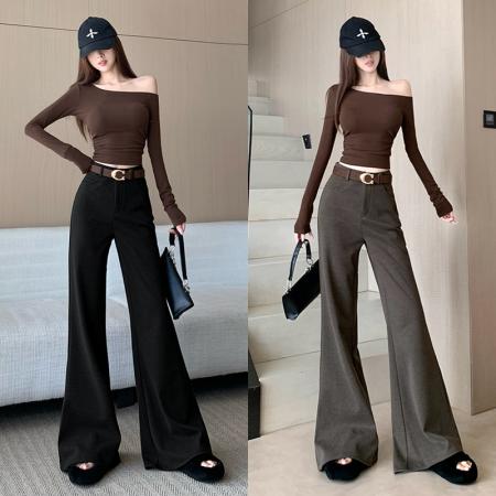 FA45869# 高级感复古咖色毛呢保暖微喇裤女秋季新款时尚高腰显瘦拖地裤 服裝批發女裝批發服飾貨源