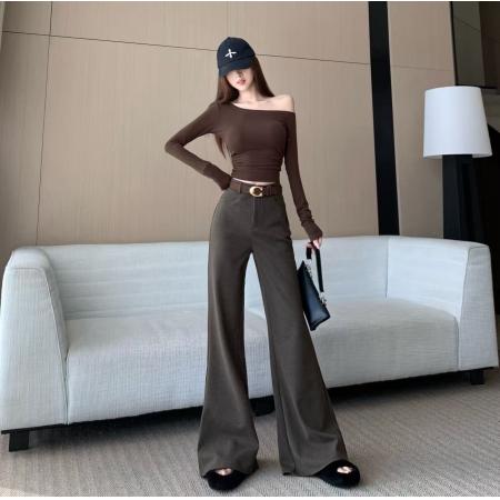 FA45869# 高级感复古咖色毛呢保暖微喇裤女秋季新款时尚高腰显瘦拖地裤 服裝批發女裝批發服飾貨源