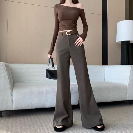 FA45869# 高级感复古咖色毛呢保暖微喇裤女秋季新款时尚高腰显瘦拖地裤 服裝批發女裝批發服飾貨源