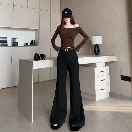 FA45869# 高级感复古咖色毛呢保暖微喇裤女秋季新款时尚高腰显瘦拖地裤 服裝批發女裝批發服飾貨源