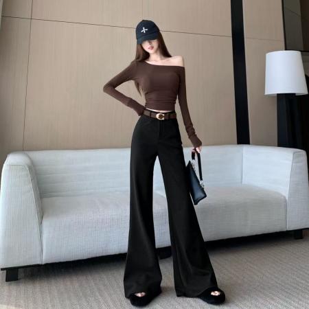 FA45869# 高级感复古咖色毛呢保暖微喇裤女秋季新款时尚高腰显瘦拖地裤 服裝批發女裝批發服飾貨源