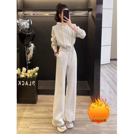 FA45870# 加绒加厚时尚休闲运动卫衣套装女冬季小个子连帽外套阔腿裤两件套 服裝批發女裝批發服飾貨源