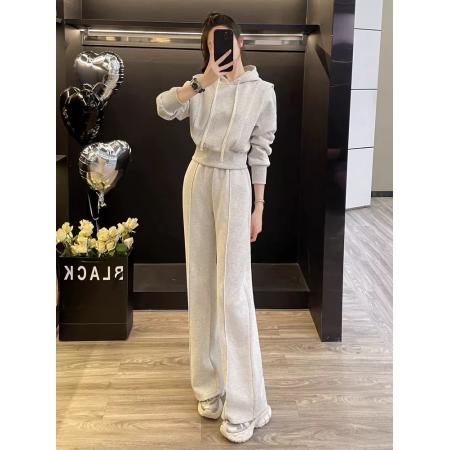 FA45870# 加绒加厚时尚休闲运动卫衣套装女冬季小个子连帽外套阔腿裤两件套 服裝批發女裝批發服飾貨源