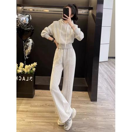 FA45870# 加绒加厚时尚休闲运动卫衣套装女冬季小个子连帽外套阔腿裤两件套 服裝批發女裝批發服飾貨源