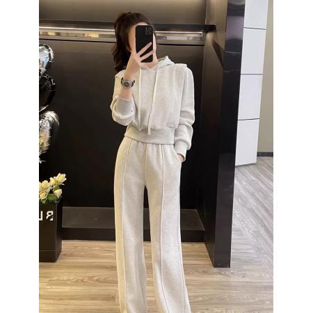 FA45870# 加绒加厚时尚休闲运动卫衣套装女冬季小个子连帽外套阔腿裤两件套 服裝批發女裝批發服飾貨源