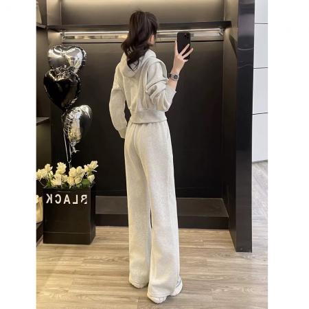 FA45870# 加绒加厚时尚休闲运动卫衣套装女冬季小个子连帽外套阔腿裤两件套 服裝批發女裝批發服飾貨源
