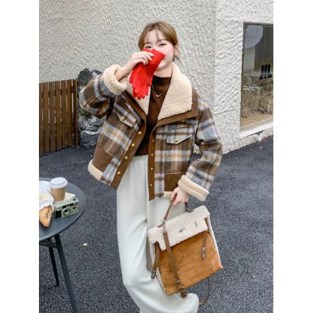 FA45871# 小众设计感羊羔毛拼接格纹毛呢外套女冬季夹棉新款呢大衣 服裝批發女裝批發服飾貨源