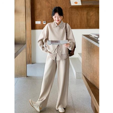 FA45872# 韩系休闲套装女秋季新款时髦条纹衬衫设计感上衣阔腿裤三件套 服裝批發女裝批發服飾貨源