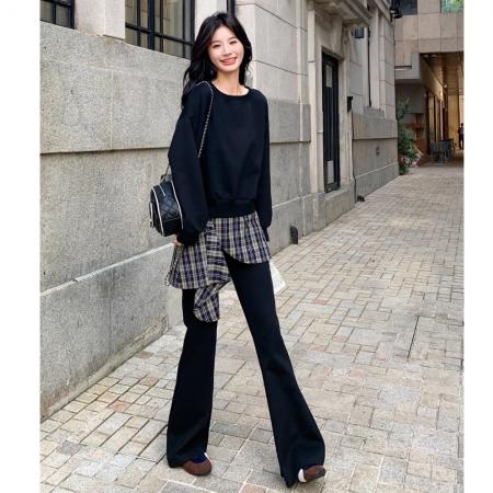 FA45873# 大码女秋季新款胖mm法式洋气减龄露肩卫衣格子拼接微喇裤两件套装 服裝批發女裝批發服飾貨源