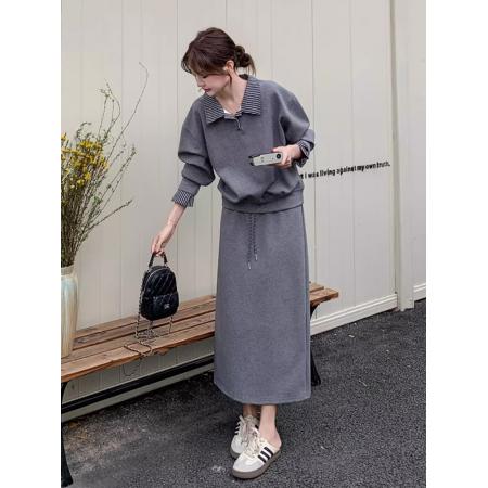 FA45874# 秋季韩系穿搭一整套女灰色假两件卫衣半身裙时尚休闲两件套装 服裝批發女裝批發服飾貨源