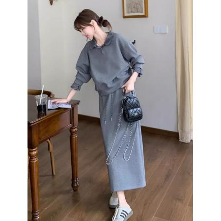 FA45874# 秋季韩系穿搭一整套女灰色假两件卫衣半身裙时尚休闲两件套装 服裝批發女裝批發服飾貨源