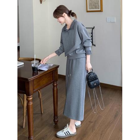 FA45874# 秋季韩系穿搭一整套女灰色假两件卫衣半身裙时尚休闲两件套装 服裝批發女裝批發服飾貨源