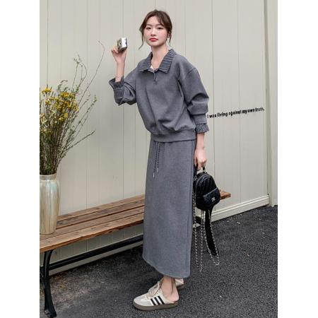 FA45874# 秋季韩系穿搭一整套女灰色假两件卫衣半身裙时尚休闲两件套装 服裝批發女裝批發服飾貨源