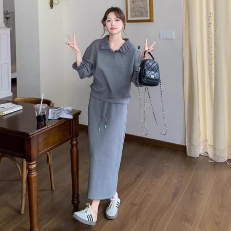 FA45874# 秋季韩系穿搭一整套女灰色假两件卫衣半身裙时尚休闲两件套装 服裝批發女裝批發服飾貨源