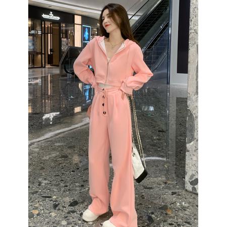 FA45876# 网红休闲运动套装女秋季时尚减龄洋气高级感粉色卫衣阔腿裤两件套 服裝批發女裝批發服飾貨源