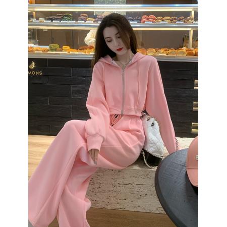 FA45876# 网红休闲运动套装女秋季时尚减龄洋气高级感粉色卫衣阔腿裤两件套 服裝批發女裝批發服飾貨源