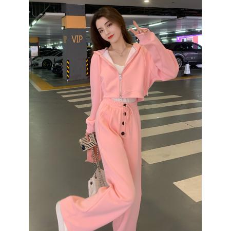 FA45876# 网红休闲运动套装女秋季时尚减龄洋气高级感粉色卫衣阔腿裤两件套 服裝批發女裝批發服飾貨源