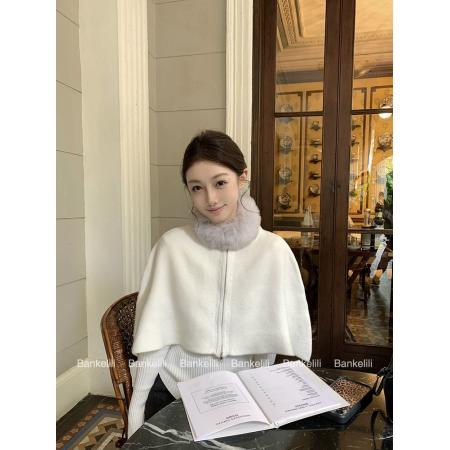 FA45878# 古早奈奈'可拆卸狐狸毛领斗篷+打底套装女秋冬 服裝批發女裝批發服飾貨源