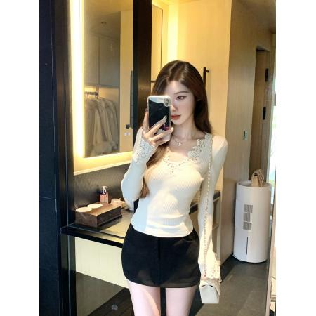 FA45879# 赫本芭蕾秋冬新款花边V领修身针织上衣打底毛衣女 服裝批發女裝批發服飾貨源