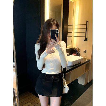 FA45879# 赫本芭蕾秋冬新款花边V领修身针织上衣打底毛衣女 服裝批發女裝批發服飾貨源