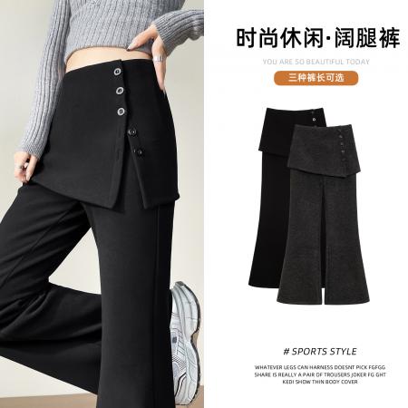 FA45880# 秋冬加厚加绒假两件纽扣皮帘裤修身休闲高腰显瘦阔腿微喇裤 服裝批發女裝批發服飾貨源