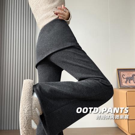 FA45880# 秋冬加厚加绒假两件纽扣皮帘裤修身休闲高腰显瘦阔腿微喇裤 服裝批發女裝批發服飾貨源