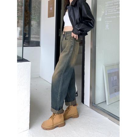 FA45884# 小个子显瘦牛仔裤女装裤子早秋新款高腰设计感直筒阔腿长裤 服裝批發女裝批發服飾貨源