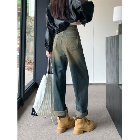 FA45884# 小个子显瘦牛仔裤女装裤子早秋新款高腰设计感直筒阔腿长裤 服裝批發女裝批發服飾貨源