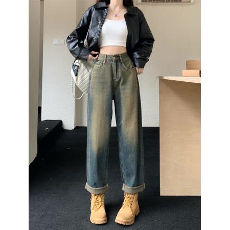 FA45884# 小个子显瘦牛仔裤女装裤子早秋新款高腰设计感直筒阔腿长裤 服裝批發女裝批發服飾貨源