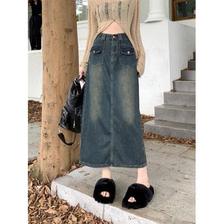 FA45885# 高腰后开叉牛仔半身裙早秋新款复古小个子显瘦a字包臀裙 服裝批發女裝批發服飾貨源