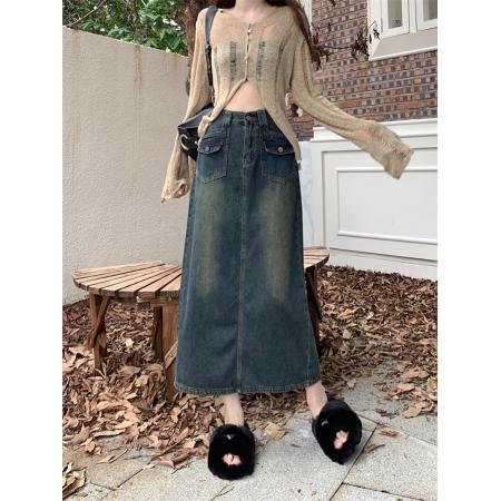 FA45885# 高腰后开叉牛仔半身裙早秋新款复古小个子显瘦a字包臀裙 服裝批發女裝批發服飾貨源