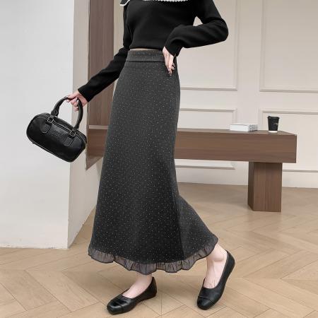 FA45887# 波点木耳边半身裙女秋季新款法式气质高腰显瘦中长款开叉a字裙子 服裝批發女裝批發服飾貨源
