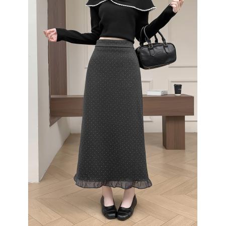 FA45887# 波点木耳边半身裙女秋季新款法式气质高腰显瘦中长款开叉a字裙子 服裝批發女裝批發服飾貨源