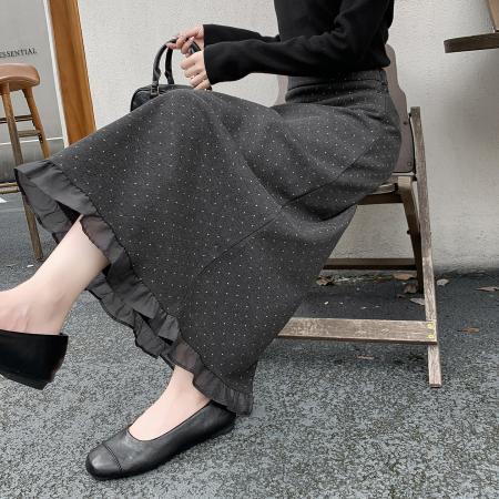 FA45887# 波点木耳边半身裙女秋季新款法式气质高腰显瘦中长款开叉a字裙子 服裝批發女裝批發服飾貨源
