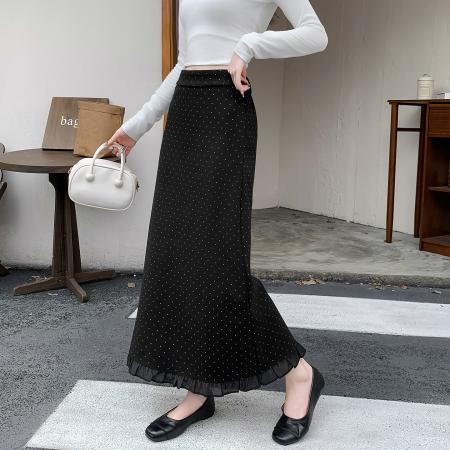 FA45887# 波点木耳边半身裙女秋季新款法式气质高腰显瘦中长款开叉a字裙子 服裝批發女裝批發服飾貨源